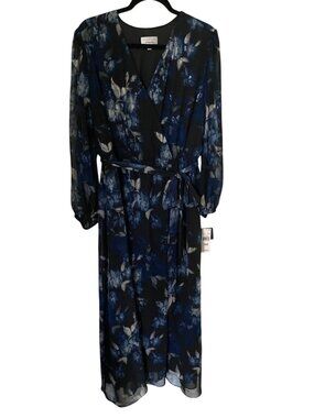 ROBBIE BEE PLUS SIZE FLORAL CHIFFON MAXI BLACK BLUE DRESS  22W NWT